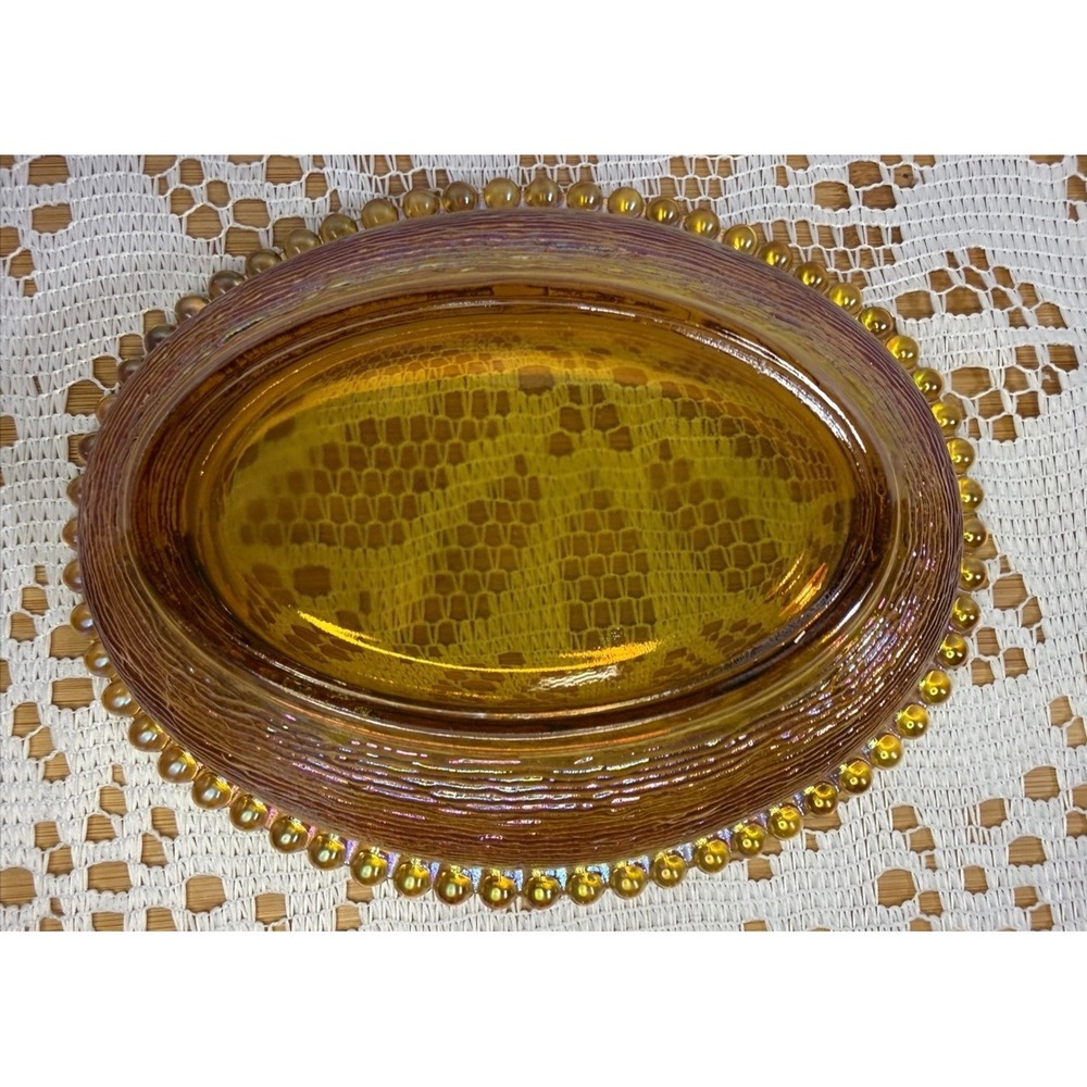 Indiana Glass Amber Carnival Glass Hen on Nest Beaded Candy Dish Vintage - Picture 9 of 16